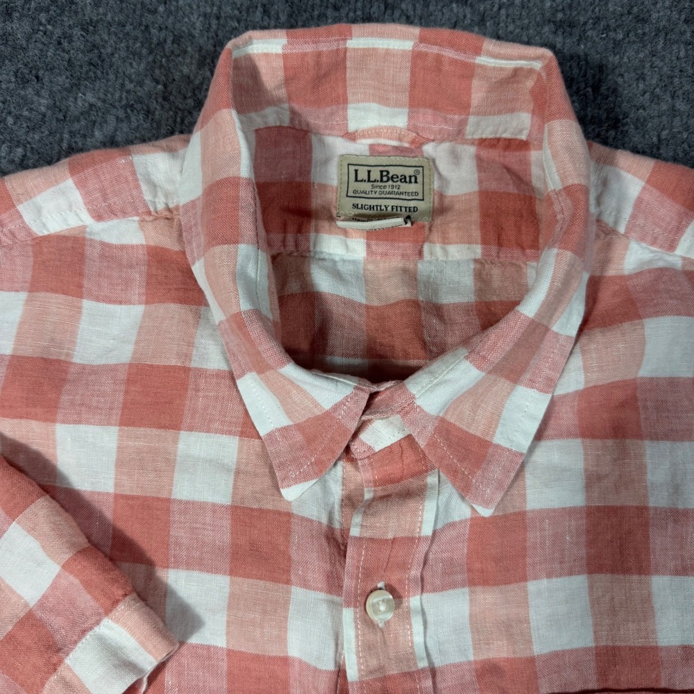 L.L. Bean Button Down Short Sleeve Mens XL Pink White 100% Linen Gingham EUC